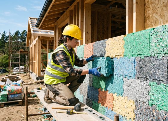 Construção civil sustentável e rápida utilizando tijolos de plástico reciclado.