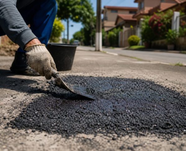 Asfalto frio em saquinho: a tecnologia pronta que dispensa maquinário pesado e permite tapar buracos na calçada em 10 minutos