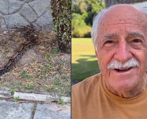 Ary Fontoura mostra jiboia que apareceu em sua casa