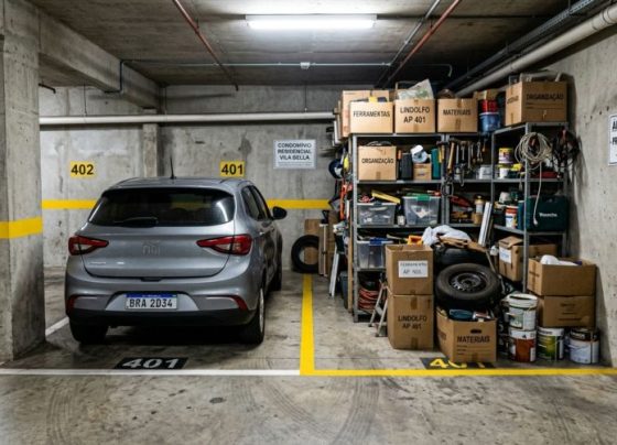 Casal instala prateleiras e transforma espaço atrás da vaga de garagem em depósito por nove anos, achando que aquela faixa fazia parte do apartamento, mas nova administração consulta a planta e exige a retirada das prateleiras e caixas
