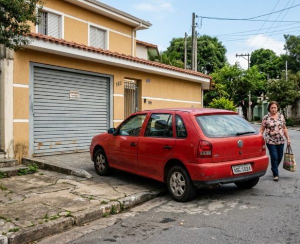 Ele estacionou na frente da garagem com as duas rodas na calçada, guarda de trânsito vê e questiona o motorista, ele alega que a casa é de um parente e não teria problema parar ali