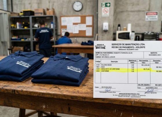 Funcionária começa a trabalhar em loja, recebe dois uniformes obrigatórios e, no primeiro salário, encontra desconto pelas peças, RH diz que todo empregado paga o próprio kit e trabalhadora questiona a cobrança
