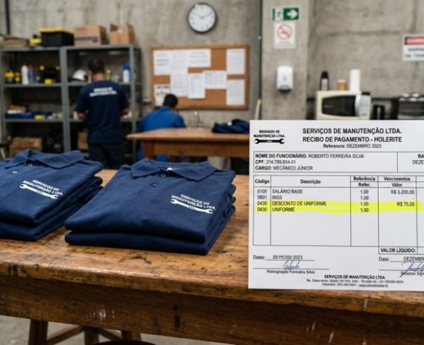 Funcionária começa a trabalhar em loja, recebe dois uniformes obrigatórios e, no primeiro salário, encontra desconto pelas peças, RH diz que todo empregado paga o próprio kit e trabalhadora questiona a cobrança