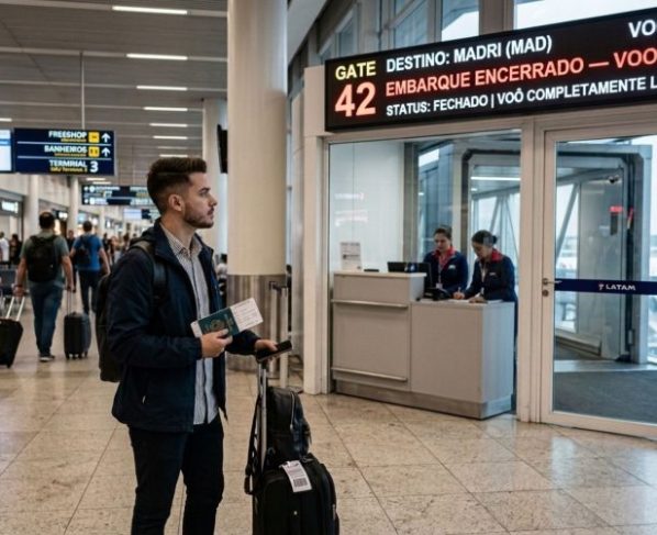 Homem chega ao aeroporto para fazer viagem internacional e, ao tentar embarcar no avião, companhia aérea diz não ser possível, pois o voo está lotado, cliente diz saber que essa prática é ilegal e exige ser colocado no próximo voo, caso contrário, entrará na justiça
