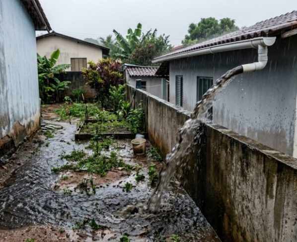 Homem passa uma semana fora de casa, ao retornar descobre que vizinho instalou calha despejando água da chuva em seu quintal e exige mudança da obra após aparecerem infiltrações