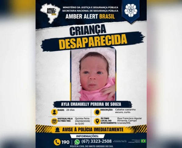 Ministério da Justiça emite alerta após bebê de 28 dias desaparecer em MS