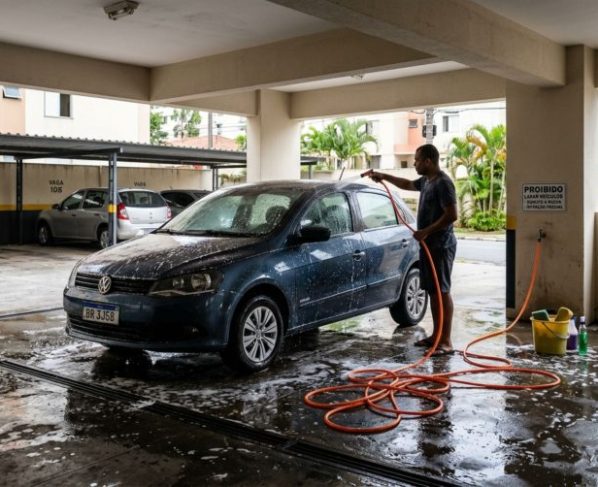 Morador lavava o carro na garagem todos os domingos há 10 anos, vizinhos reclamam do piso molhado e do consumo de água, e síndico proíbe a prática com base no regimento e morador recebe multa de R$ 1.000 por infração ambiental