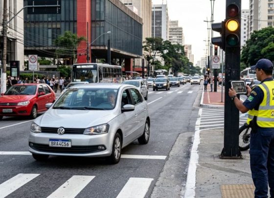 Motorista acelera para ultrapassar o sinal amarelo e é multado por agente de trânsito, o condutor questiona multa alegando que somente o sinal vermelho é considerado infração