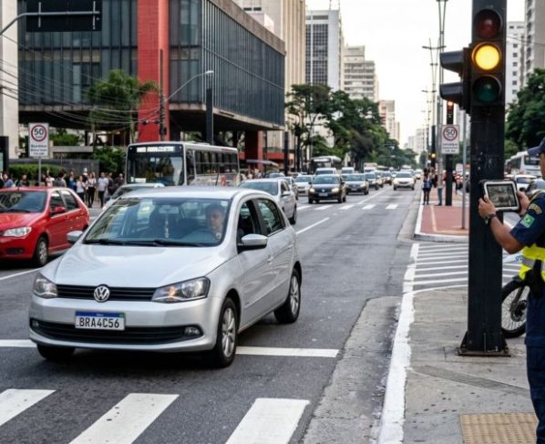Motorista acelera para ultrapassar o sinal amarelo e é multado por agente de trânsito, o condutor questiona multa alegando que somente o sinal vermelho é considerado infração