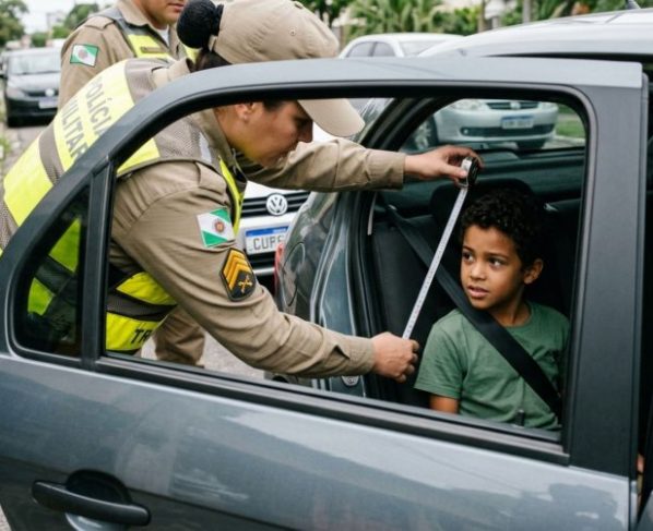 Motorista é parado durante fiscalização, agente observa criança no banco traseiro usando apenas o cinto, pai informa a idade e diz que ela já não precisa de cadeirinha, fiscalização verifica altura antes de decidir