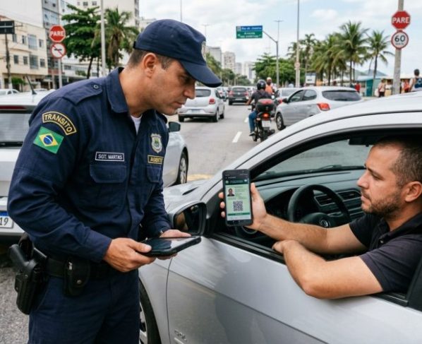 Motorista é parado na blitz de trânsito, ao ser requisitada a CNH ele afirma estar sem sinal de internet, mas abre o documento já salvo no aplicativo, agente confere os dados apresentados no celular