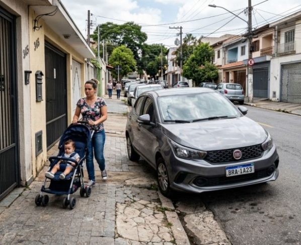 Motorista estaciona carro com duas rodas sobre a calçada para deixar passagem livre na rua, fiscalização chega ao local e condutor afirma ter feito isso justamente para não atrapalhar o trânsito