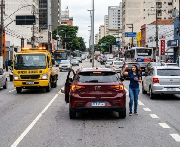 Motorista ignora combustível na reserva para chegar até o posto mais barato, carro para no meio da via e fiscalização determina remoção do veículo, além da multa