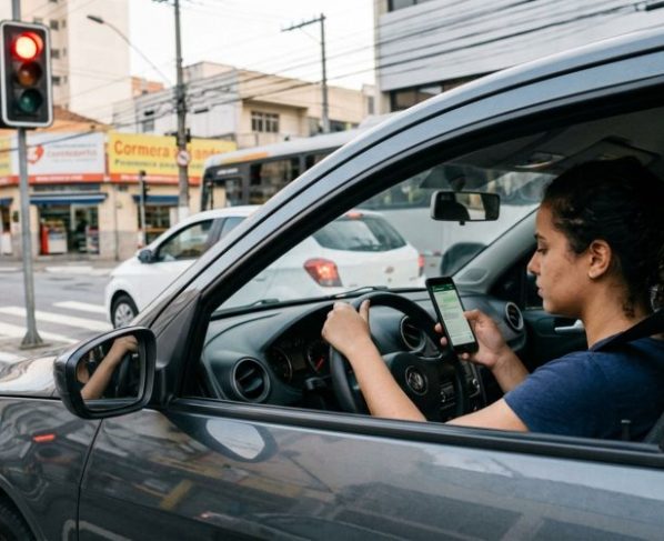 Motorista para no sinal vermelho, pega o celular para responder mensagem e é observado pela fiscalização, condutor afirma que o carro estava completamente parado e questiona se pode ser multado
