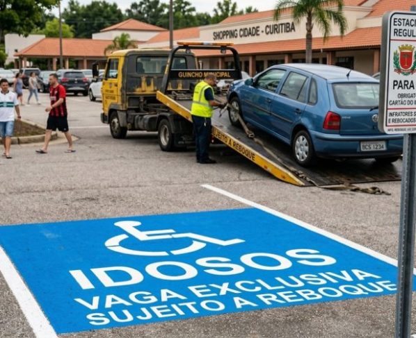 Motorista para por poucos minutos em vaga de idoso sem credencial para buscar remédio, fiscalização chega e carro é removido, além da multa gravíssima