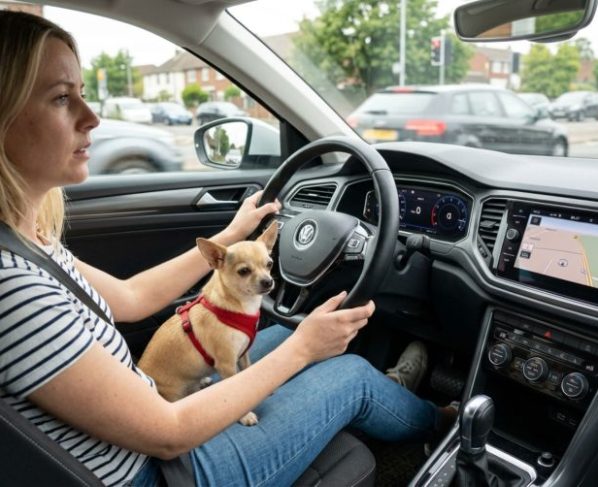 Motorista pode ser multado por levar o cachorro no colo e descobre que a lei proíbe animais entre os braços e as pernas