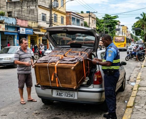 Motorista precisava fazer o transporte de móvel para mudança, ao tentar colocar no carro percebe que o objeto não caberia no veículo, mesmo descendo o banco traseiro, e decide levar com o porta-malas aberto, sendo parado por agentes de trânsito por imprudência