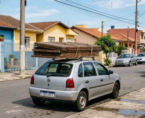 Motorista precisava levar uma porta de madeira para uma reforma, ao colocá-la atravessada no teto, percebe que ela ultrapassa as laterais do carro, decide continuar o trajeto e fiscalização explica por que a largura da carga importa