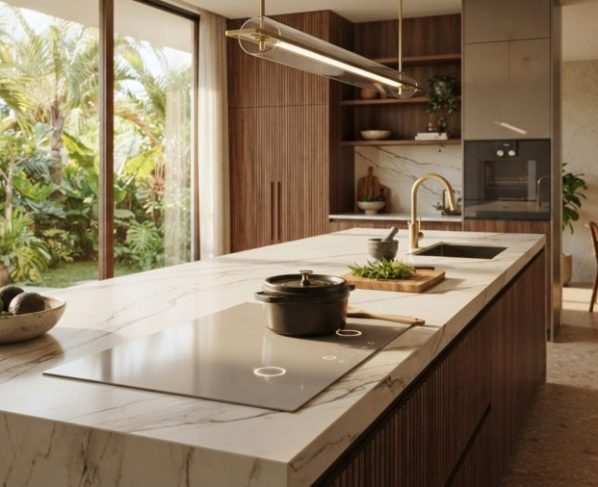 Por que as bancadas de porcelanato esculpido estão substituindo o granito e o mármore em 2026