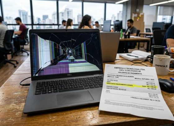 Trabalhador deixa notebook da empresa cair durante o expediente e, no mês seguinte, percebe parcelas do equipamento descontadas do salário, gestor diz que todo dano deve ser pago pelo funcionário e caso vai parar no RH