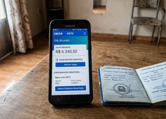 Trabalhador é demitido e acredita que precisa enfrentar fila em uma agência para pedir o FGTS, abre o celular e descobre quais solicitações podem ser feitas pelo aplicativo