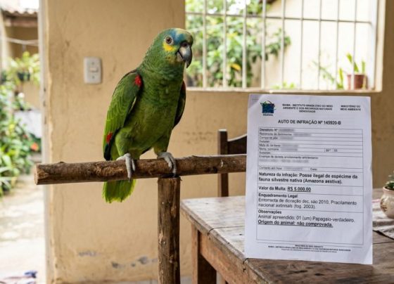 Família criava papagaio encontrado ainda filhote havia mais de 20 anos, fiscalização descobre e são multados em R$ 5 mil por posse ilegal de animal silvestre e pedem comprovação de origem do animal