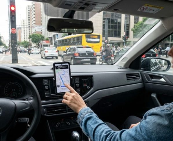 Motorista coloca o celular no suporte para seguir o GPS, mas ao mexer no celular durante parada no sinal vermelho, recebe multa e descobre que manusear o aparelho, mesmo no suporte, continua sendo infração
