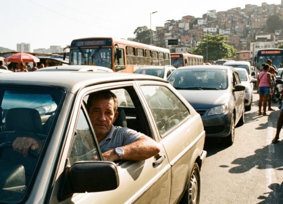 Motorista descansa o braço para fora da janela em tarde de calor extremo durante congestionamento na cidade e acaba autuado sem perceber