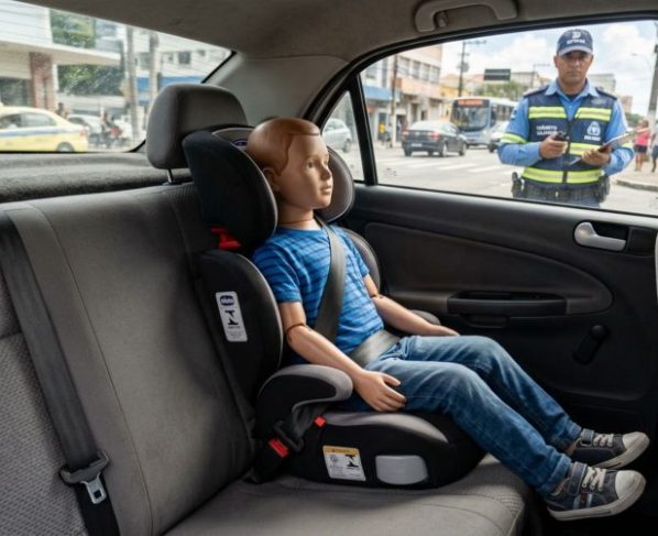Motorista é parado em blitz levando criança de 6 anos no banco traseiro, diz que ela já usa o cinto do carro e acredita que isso é suficiente, fiscalização explica quando o assento de elevação continua sendo exigido
