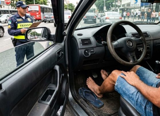 Motorista é parado em blitz usando chinelo, acredita que tirar o calçado antes de continuar dirigindo daria na mesma, fiscalização explica por que dirigir de chinelo e dirigir descalço não recebem o mesmo tratamento no CTB