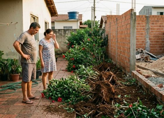 Após passar o fim de semana fora, casal retorna e encontra a fileira de hibiscos da divisa arrancada para o vizinho construir um muro, exige replantio e cobra os gastos para recuperar a privacidade do quintal