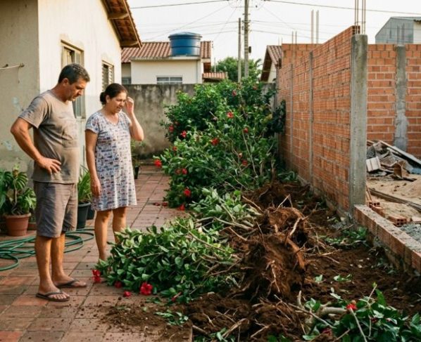 Após passar o fim de semana fora, casal retorna e encontra a fileira de hibiscos da divisa arrancada para o vizinho construir um muro, exige replantio e cobra os gastos para recuperar a privacidade do quintal