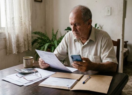 Aposentado confere o extrato de pagamento do INSS e encontra um desconto de empréstimo que não reconhece, situação que exige uma verificação antes de aceitar a cobrança