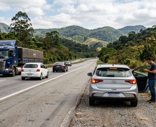 Casal para no acostamento para fotografar uma paisagem, mantém o pisca-alerta ligado e é orientado sobre o risco de usar a faixa lateral como ponto turístico