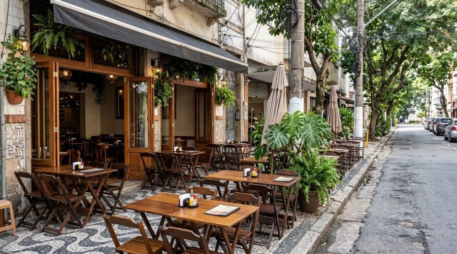 Comerciante coloca mesas e cadeiras na calçada para aumentar o movimento do restaurante e recebe reclamação de moradores que precisam caminhar pelo asfalto para passar