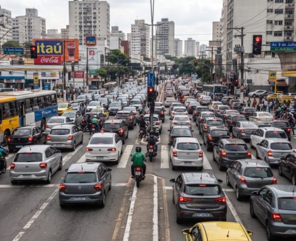 Condutor avança no sinal verde durante trânsito intenso, fica preso no meio do cruzamento quando o semáforo muda e trava a via transversal
