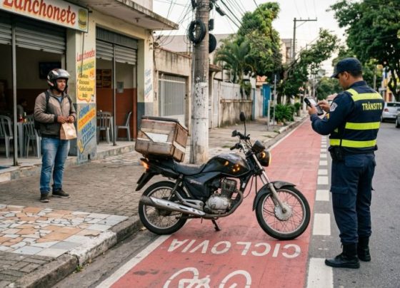 Entregador deixa a motocicleta na ciclofaixa por poucos minutos para retirar um pedido, liga o pisca-alerta e descobre que a rapidez da entrega não elimina as regras de parada e estacionamento