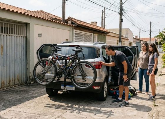 Família transporta bicicletas em um suporte instalado atrás do carro e descobre durante a viagem que a maneira como a placa e as lanternas ficam posicionadas pode trazer problemas na fiscalização