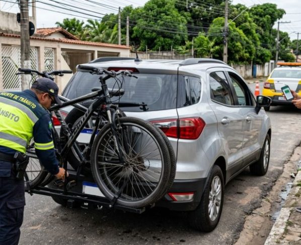 Homem instala um suporte para transportar bicicletas na traseira do carro, acredita que o CRLV atualizado evita problemas e descobre na fiscalização por que a identificação da placa também precisa permanecer visível