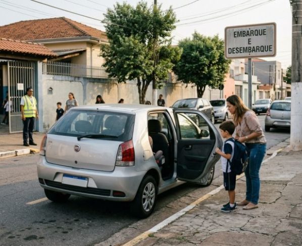Mãe estaciona o carro em frente à escola para buscar o filho pequeno, permanece dentro do veículo e descobre que esperar com o motor ligado não significa que a parada esteja sempre permitida