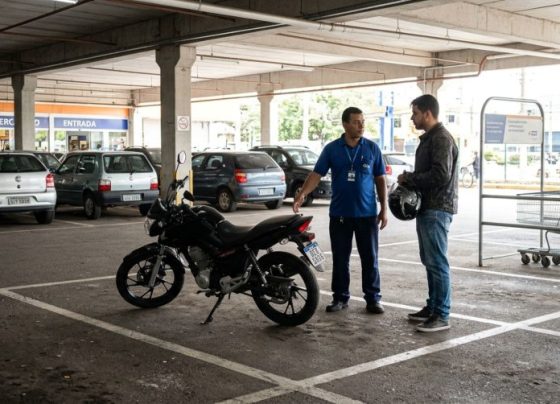 Motorista estaciona a motocicleta em uma vaga comum de carro dentro de um estacionamento privado e descobre que a discussão sobre o espaço depende das regras do estabelecimento