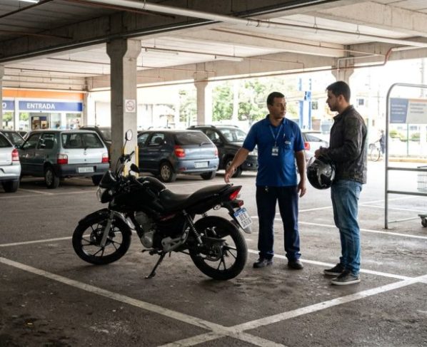 Motorista estaciona a motocicleta em uma vaga comum de carro dentro de um estacionamento privado e descobre que a discussão sobre o espaço depende das regras do estabelecimento