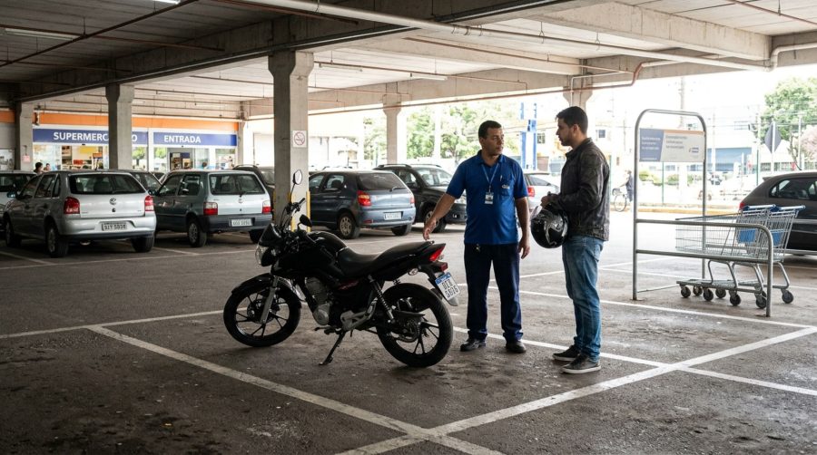 Motorista estaciona a motocicleta em uma vaga comum de carro dentro de um estacionamento privado e descobre que a discussão sobre o espaço depende das regras do estabelecimento