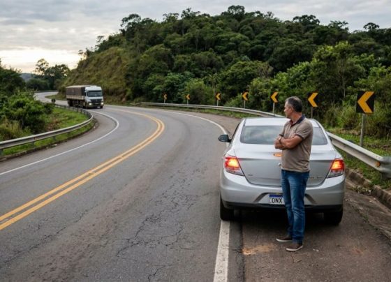 Motorista para em uma curva de rodovia para verificar um barulho no carro e descobre que a escolha do local pode aumentar o risco de acidente