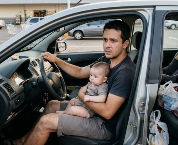 Pai enche cadeirinha de bebê com compras no banco traseiro e leva filho no colo por alguns quilômetros e descobre que transportar uma criança no colo por alguns quarteirões é infração grave, agente explica como funciona a lei da cadeirinha