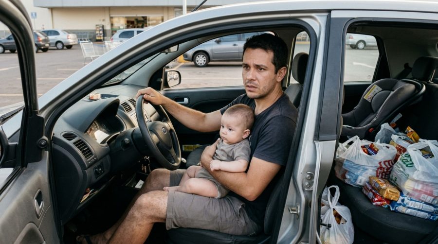 Pai enche cadeirinha de bebê com compras no banco traseiro e leva filho no colo por alguns quilômetros e descobre que transportar uma criança no colo por alguns quarteirões é infração grave, agente explica como funciona a lei da cadeirinha