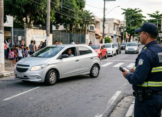 Pai estaciona em fila dupla diante da escola para buscar a filha, acredita que permanecer dentro do carro evita a multa e descobre como a fiscalização diferencia parada rápida de estacionamento irregular